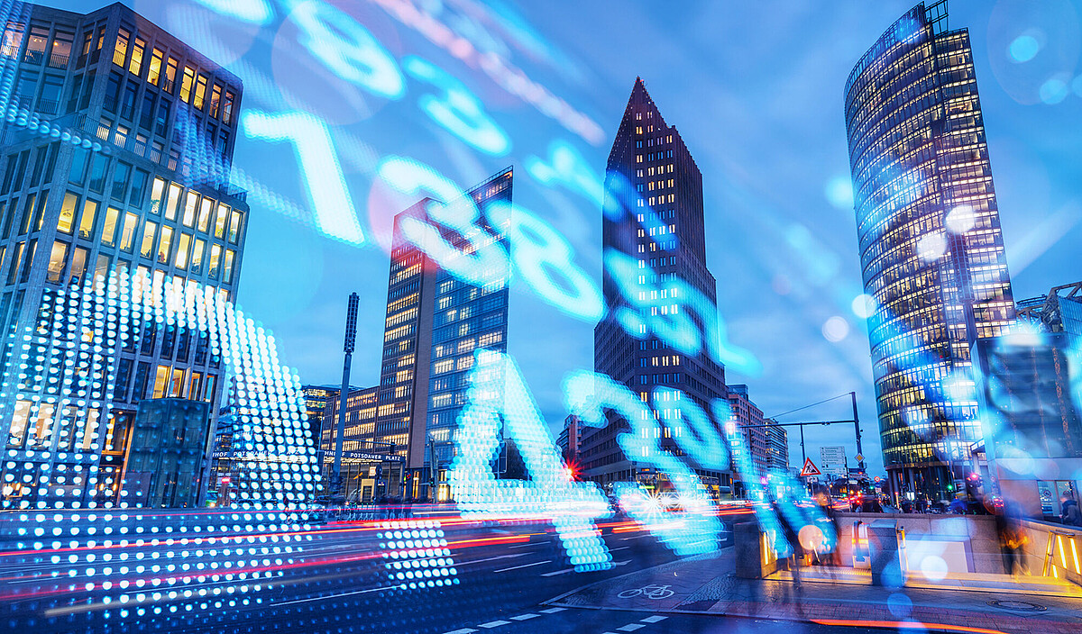 FinTech Berlin Skyscrapers at Potsdamer Platz and fintech graphics
