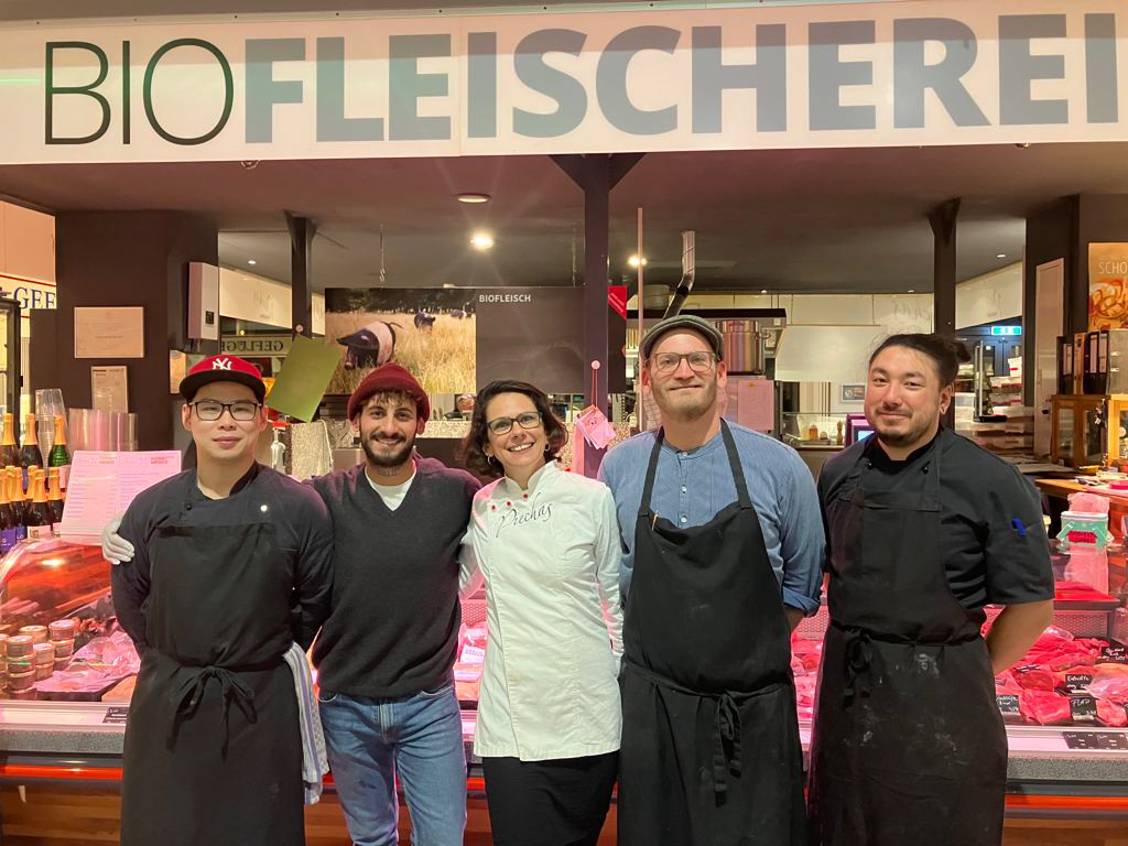 Ulrike Piecha and her team in front of her stall in the Marheineke Market Hall in Kreuzberg Organic butchers Piechas in the Marheineke Market Hall in Kreuzberg, Berlin.